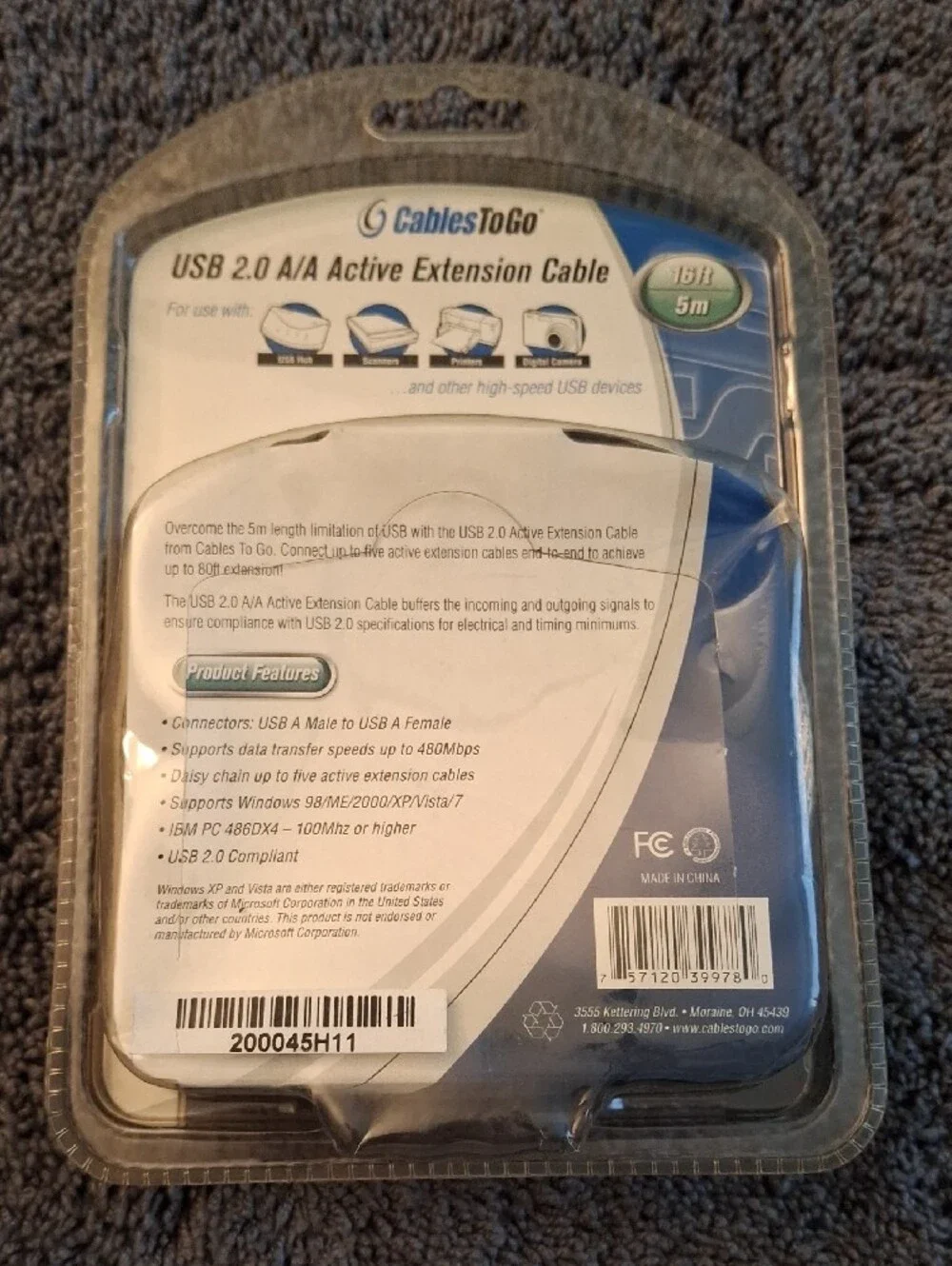 USB 2.0 A/A Active Extension Cable - Blue 16ft 5mm